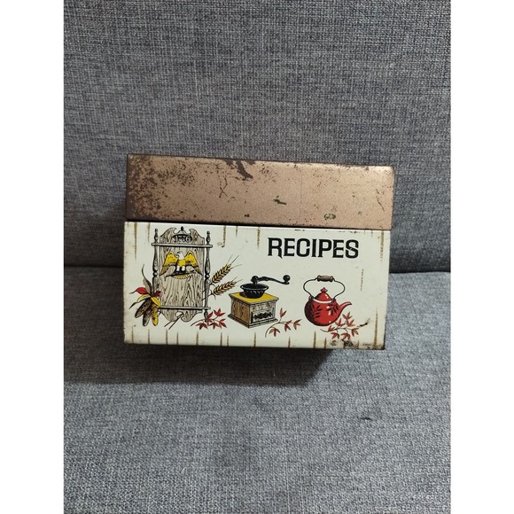 Vtg Recipe Receipt Tin Colonial Eagle Teapot Coffee Grinder Rustic USA (1) - Picture 1 of 8